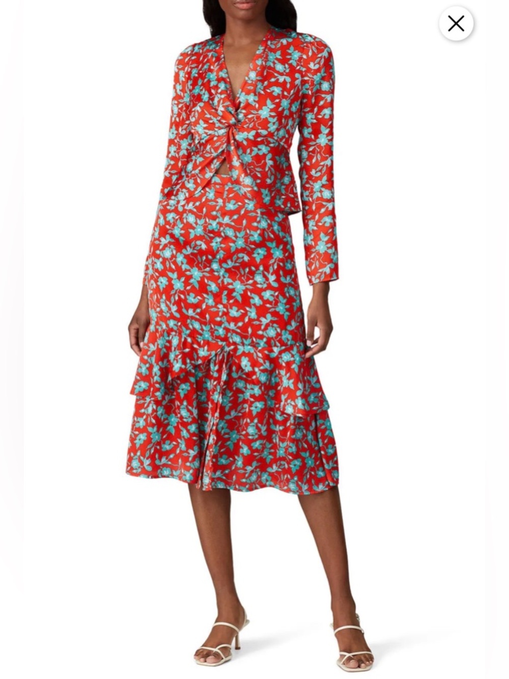 Red Floral Twist-Front Midi ruffle set by Love, Whit.